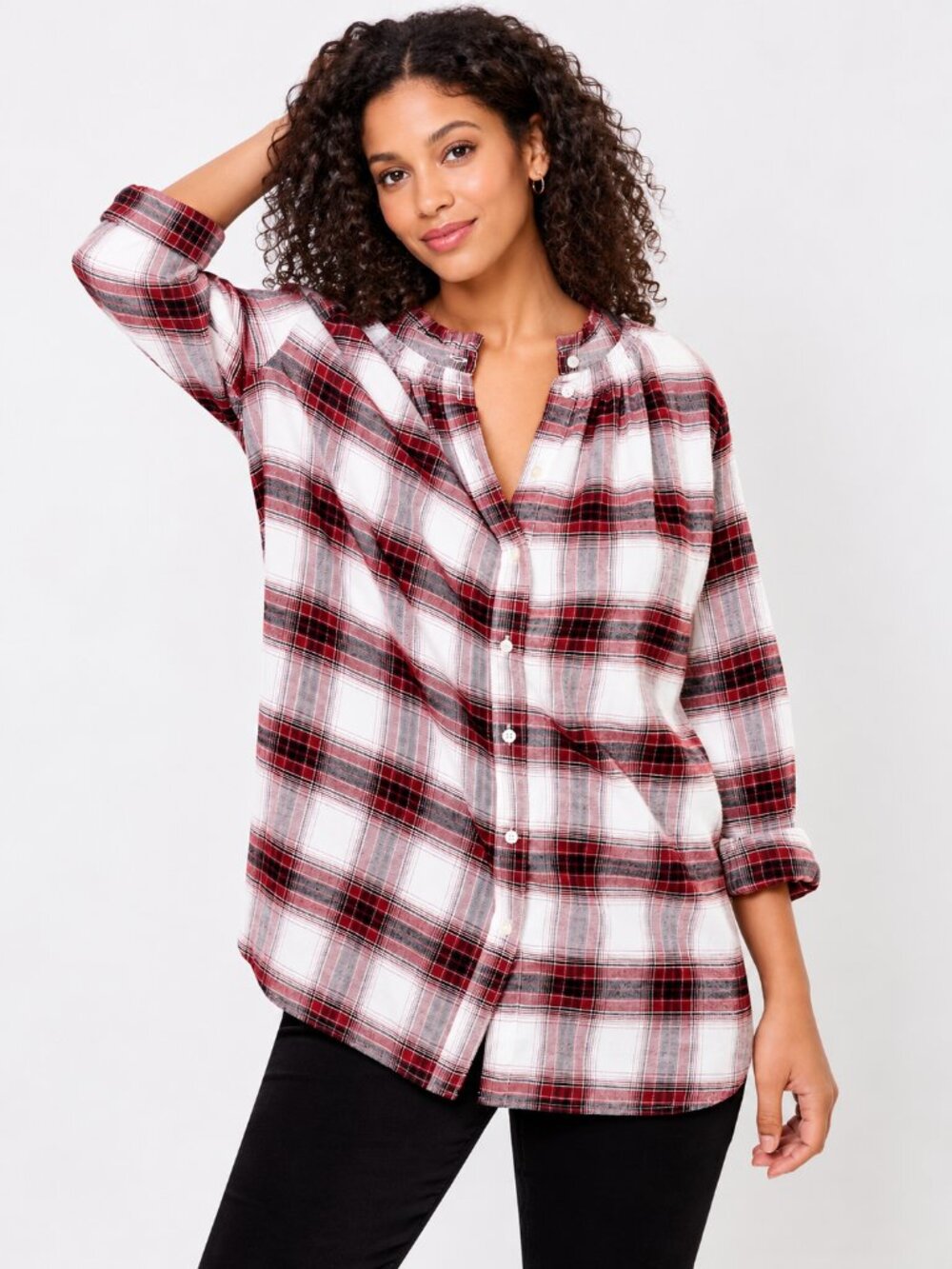 LOFT Plaid Smocked Ruffle Neck Button Up Blouse Long Sleeve Small NWT